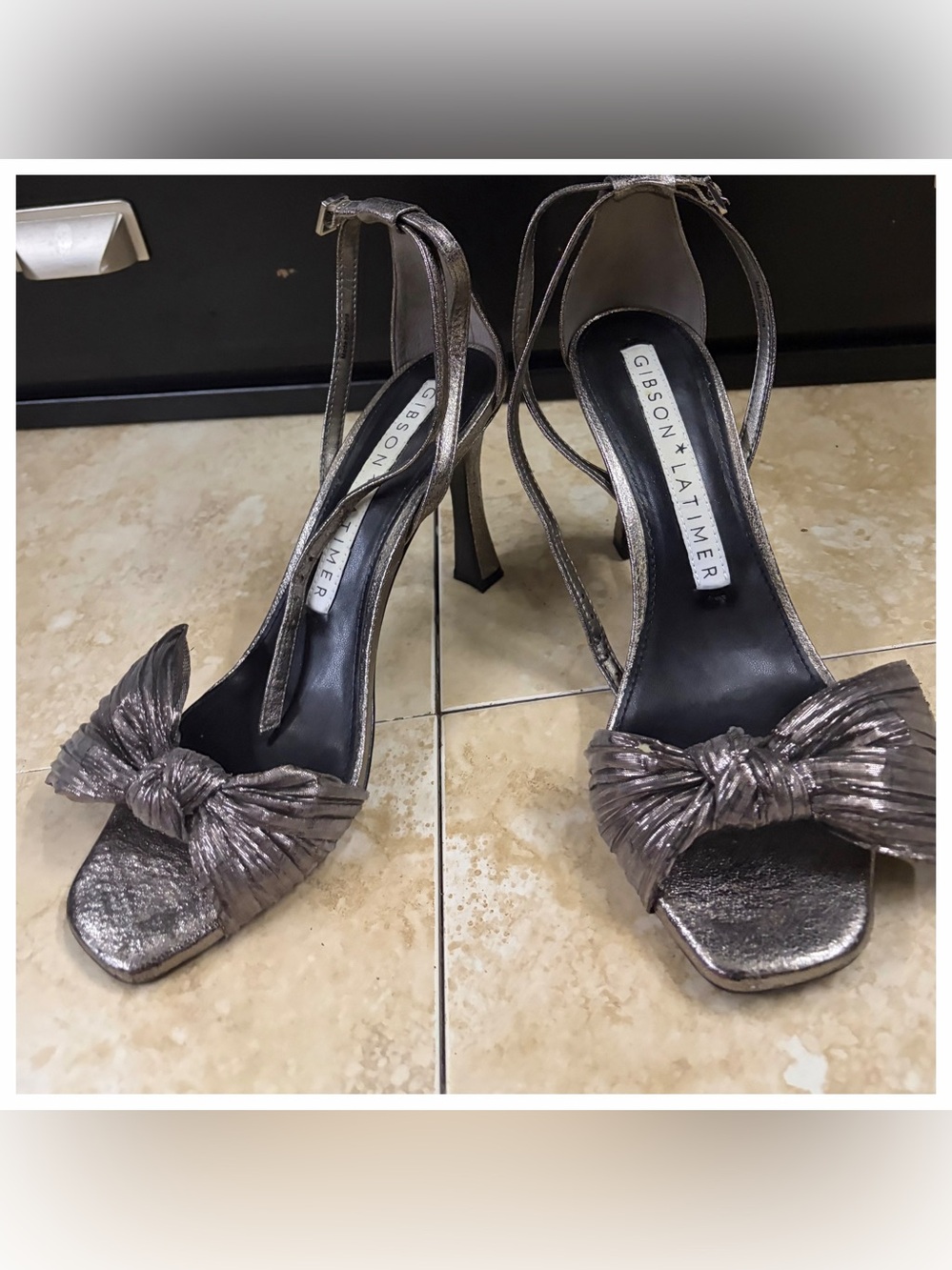 Gibson Latimer Pewter Metallic Bow ankle strap Heels